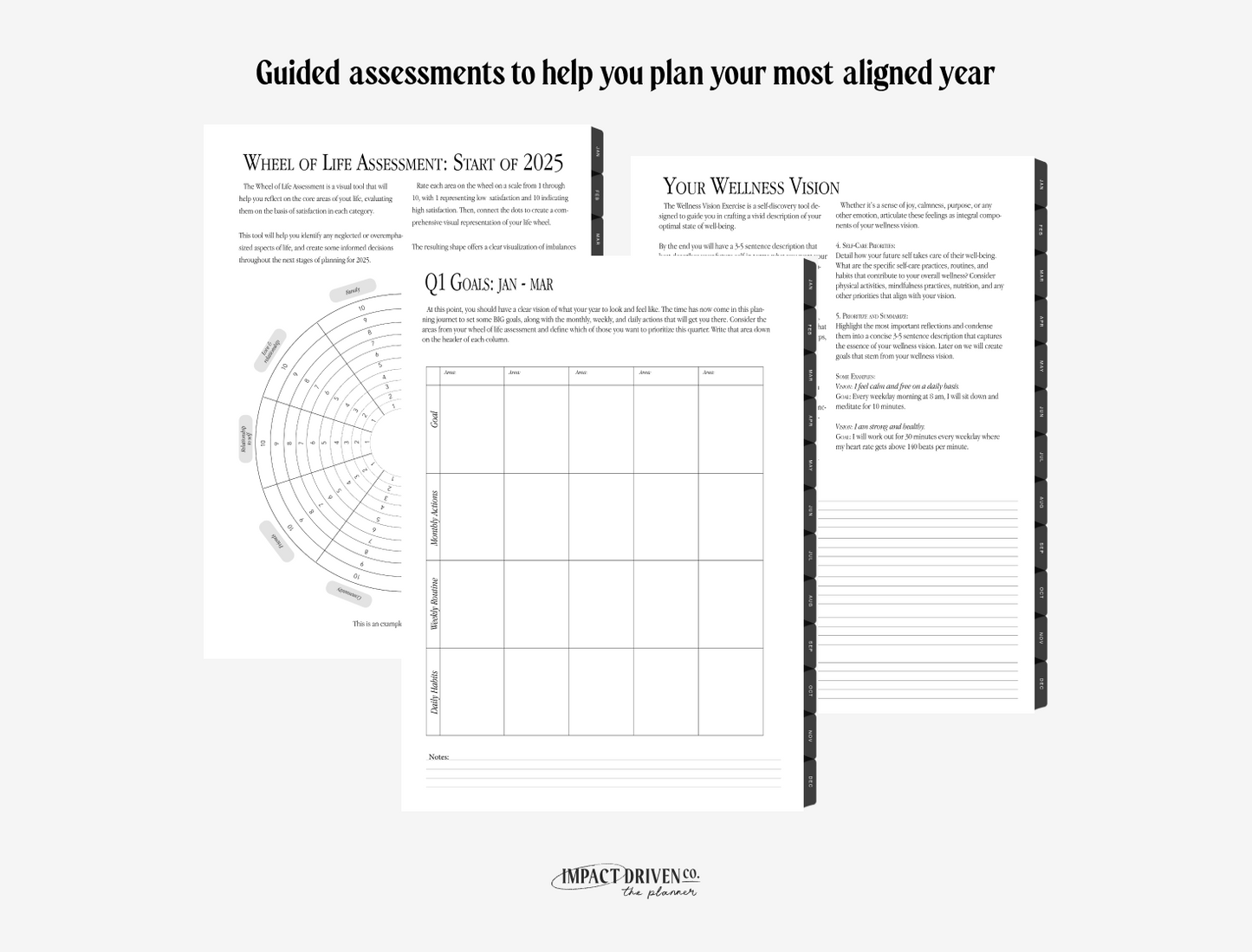 Guided assessments to help you plan your most aligned year. Including Wheel of Life Assessment, Wellness Vision, Quarterly SMART goals.